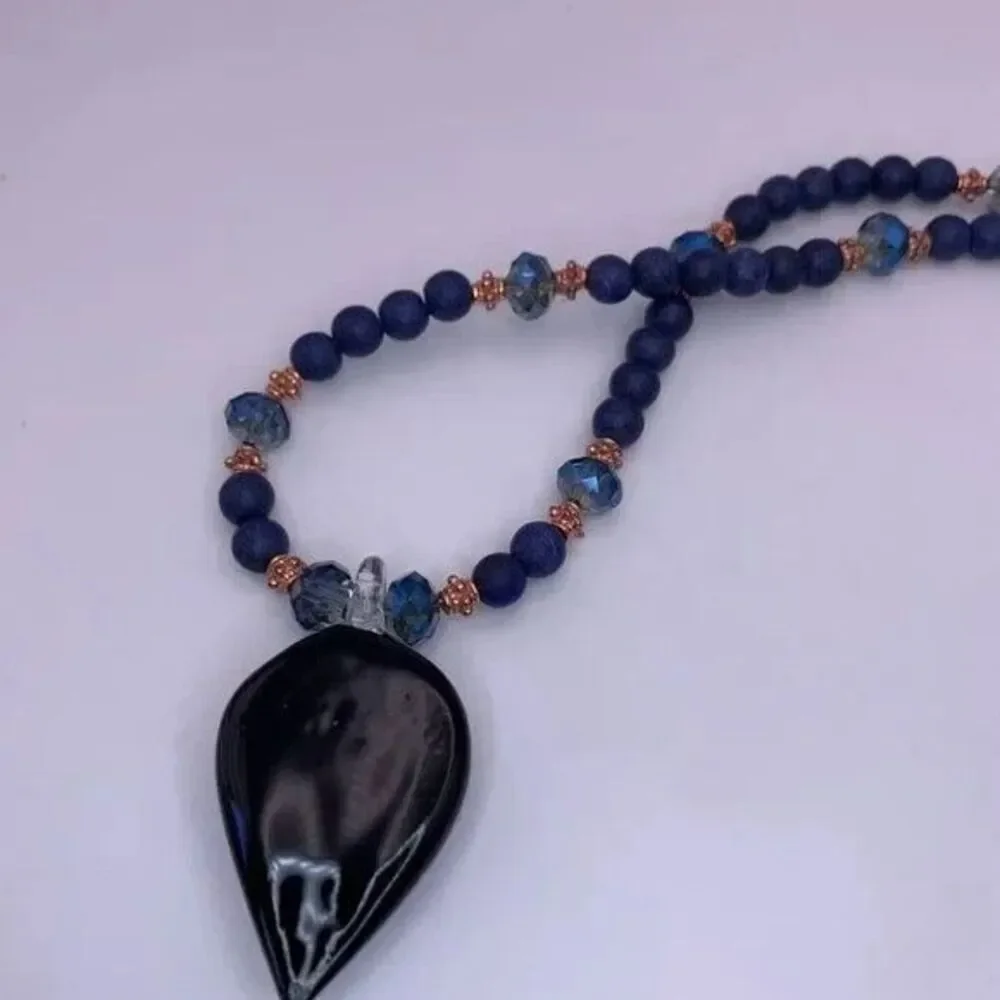 Vintage 90s Blown Glass Teardrop Flower Pendant Necklace 21in